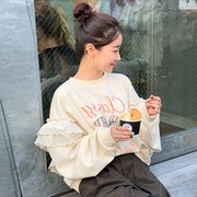 韩国chic秋冬甜美减龄字母印花蕾丝花边拼接宽松长袖套头卫衣女