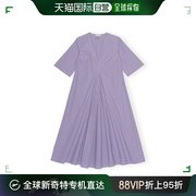 欧洲直邮ganni23女白紫色条纹棉质，宽松v领长连衣裙
