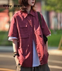 日系风复古cityboy工装短袖衬衫男女夏季纯色宽松多口袋半袖衬衣