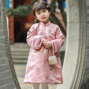 儿童旗袍女童秋冬季中国风夹棉长袍，裙子小女孩粉色宽松过年服礼服