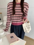 彩色条纹拼色针织衫女韩版女装圆领，套头长袖撞色长袖修身打底衫