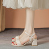 凉鞋女款夏季2024年法式珍珠一字带，高跟鞋女粗跟网纱中跟云朵