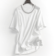 白色宽松显瘦遮肉镶钻圆领，简约百搭夏季休闲短袖，女t恤衫n936