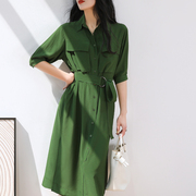 军绿色高级感天丝衬衫长裙连衣裙女中长款开叉收腰显瘦气质衬衫裙