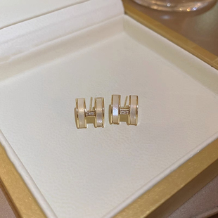 S925银针锆石贝母字母H耳钉韩国高级感轻奢时尚耳环耳饰女潮