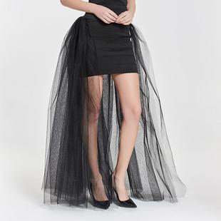 2023欧美女士网纱系带婚纱裙黑色长款双层半身裙百搭性感高腰长裙