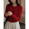 mixabo法式红色圆领羊毛针织开衫，女内搭秋款订婚上衣显瘦短款毛衣