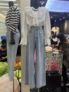韩版时尚高腰阔腿牛仔裤喇叭，拖地长裤+木耳蕾丝，边长袖白衬衫女春