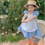 女童洛丽塔连衣裙蓝色泡泡袖宫廷风小女仆法式假两件裙子2024