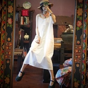 夏季原创白色吊带裙女复古风百搭圆领纯棉内搭套头打底衫纯色长裙