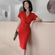 2024修身气质包臀V领性感中长款东大门设计熟女装红色连衣裙