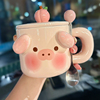 生日猪猪陶瓷杯子，可爱少女心马克杯，带盖勺创意情侣礼物水杯咖啡杯