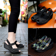 老北京布鞋女大码女士坡跟鞋厚底，草编黑色单鞋，百搭中年妈妈编织鞋