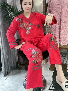 新年红色本命年套装女纯棉冬季睡衣复古刺绣舒适加肥加大码家居服