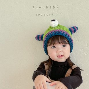 怪兽~儿童毛线帽子痞幼同款史莱克，手工编针织，可爱造型网红宝宝帽