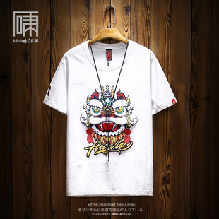 夏季潮牌国潮中国风醒狮重工刺绣，短袖t恤男小众民族风体恤大码