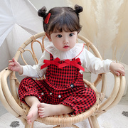 2020韩版童装女宝宝长袖连体衣婴儿衣服春秋纯棉背带裤两件套装红