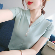 纯棉短袖t恤女夏2024年韩版修身显瘦时尚百搭气质v领上衣女装