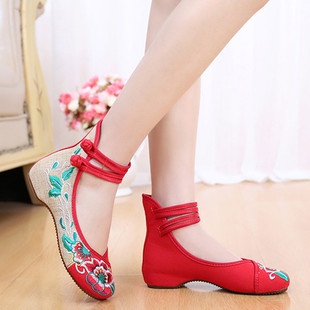 23老北京布鞋舞蹈民族风拼色绑带绣花鞋内增高坡跟女单鞋