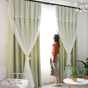 小清新绿色卧室窗帘遮光布料儿童房女孩双层带纱客厅田园简约婚房