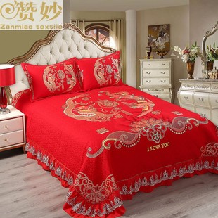 婚庆全棉床盖三件套床罩纯棉，床裙2023年绗缝被高级红色，结婚用