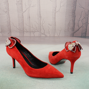 34-36码红色羊猄真皮拼色水钻，蝴蝶结尖头高跟细跟女鞋子浅口单鞋