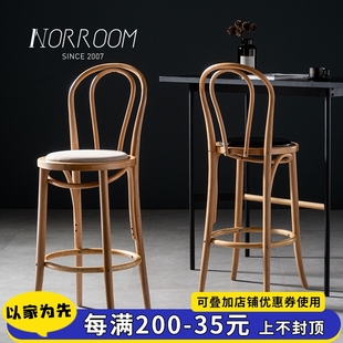 NORROOM北欧实木吧台椅靠背日式藤编高脚凳吧台凳子家用复古吧椅