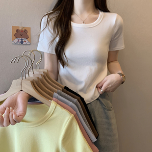 韩国2024夏季复古糖果色，圆领短款修身显瘦纯色短袖t恤女