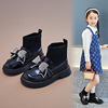 女童马丁靴2024春女童靴女孩针织英伦短靴蝴蝶结靴子儿童皮靴