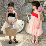 女童韩版洋气吊带裙2023夏装，宝宝时尚公主裙，儿童拼接无袖纱裙