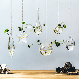 创意悬挂式透明水培玻璃花瓶插花盆绿萝壁挂小鱼缸简约现代小吊瓶