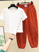 韩版不规则排扣短款t恤+哈伦，裤九分裤，两件套装夏季时尚女装潮流
