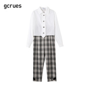 gcrues小个子显高套装2024早春韩版宽松衬衫时尚格纹裤两件套