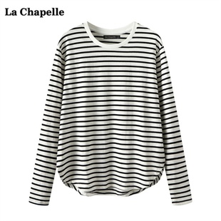 拉夏贝尔/La Chapelle秋季圆领条纹长袖t恤女弧形下摆打底上衣