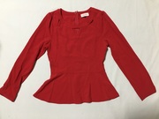 外贸原单aly*thea红色圆领，泡泡袖长袖收腰荷叶，边雪纺t恤设计镂空