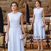 高端定制莱蒂齐亚西班牙王后同款浅蓝色连衣裙修身大摆裙夏季优雅