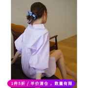 法式紫色v领灯笼袖，宽松高腰系带五分，袖露锁骨白色衬衫式连衣裙春
