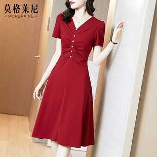 红色v领连衣裙2024女夏季短袖收腰显瘦高级感气质修身红裙子