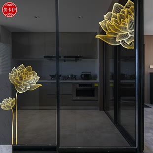 唯美金色抽象线条花玻璃，贴厨房阳台，隔断玻璃门防撞静电玻璃贴纸