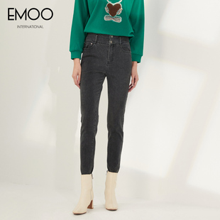 EMOO杨门2023冬季深灰色薄绒高腰弹力修身显瘦小脚牛仔裤女