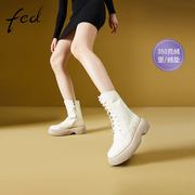 fed白色马丁靴冬季靴，子女加绒绑带，复古厚底百搭英伦风短靴130-620