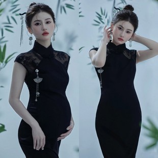 2024孕妇照服装影楼中国风，中式复古黑色丝绒旗袍艺术拍照礼服