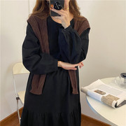 韩国森系纯色宽松棉麻，连衣裙+披肩，色分开拍