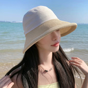 棉混草编帽女夏季可折叠沙滩帽，遮脸遮阳帽赫本风渔夫帽太阳帽盆帽