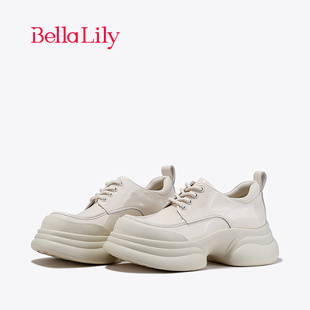 BellaLily2024春季增高牛皮单鞋女气质舒适松糕鞋欧美小皮鞋