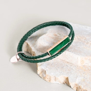 双圈皮绳情侣手链 镶嵌绿松石不锈钢刻字手环 小众男女生个性礼物