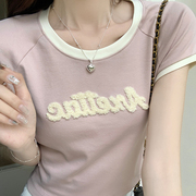 实价#粉色纯棉正肩短袖，t恤女夏季设计感小众字母印花短款上衣