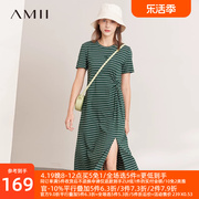 amii2024夏季条纹连衣裙女收褶休闲裙子，高开叉(高开叉，)长裙法式t恤裙