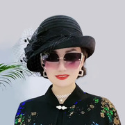 卷边太阳帽女士礼帽洋气好看夏季花朵帽子，时髦遮阳帽网纱蕾丝优雅