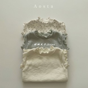 Aosta韩国童装24夏女婴小童宝宝薄棉软纯色碎花木耳边短袖T恤